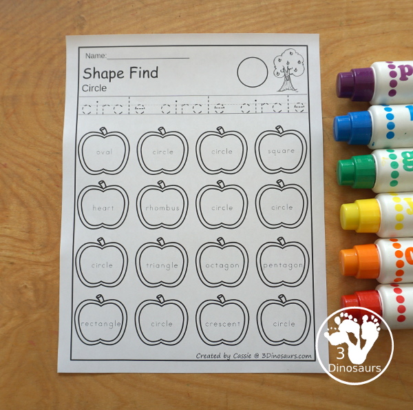 Apple Shape Find Printables with 11 shapes for kids in prek, kindergarten and first grade. You can trace the shapes and then find the shapes below with shape words and geometric shapes. You have 24 pages of printables - 3Dinosaurs.com