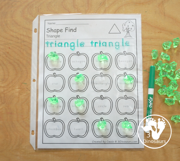 Apple Shape Find Printables with 11 shapes for kids in prek, kindergarten and first grade. You can trace the shapes and then find the shapes below with shape words and geometric shapes. You have 24 pages of printables - 3Dinosaurs.com