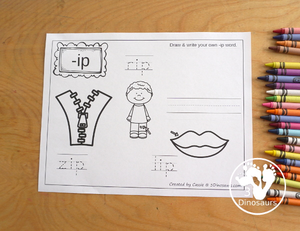 Free CVC Word Family Coloring Pages: Short I Vowel with  ig, in, ip, it   with tracing the words, coloring the pictures and draw their own short i word for the short i vowels plus ending - 3Dinosaurs.com