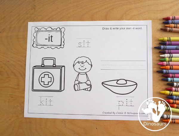 Free CVC Word Family Coloring Pages: Short I Vowel with ig, in, ip, it with tracing the words, coloring the pictures and draw their own short i word for the short i vowels plus ending - 3Dinosaurs.com