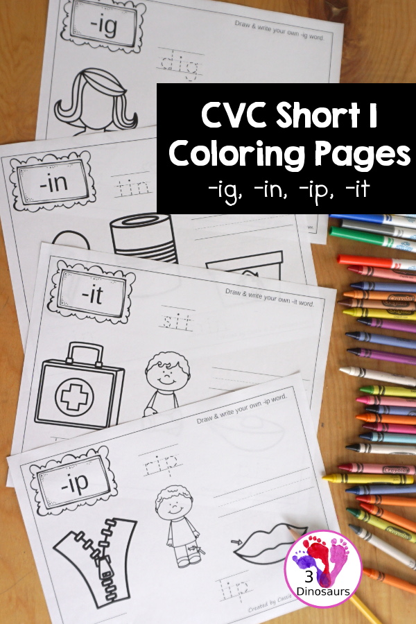 Free CVC Word Family Coloring Pages: Short I Vowel with  ig, in, ip, it   with tracing the words, coloring the pictures and draw their own short i word for the short i vowels plus ending - 3Dinosaurs.com