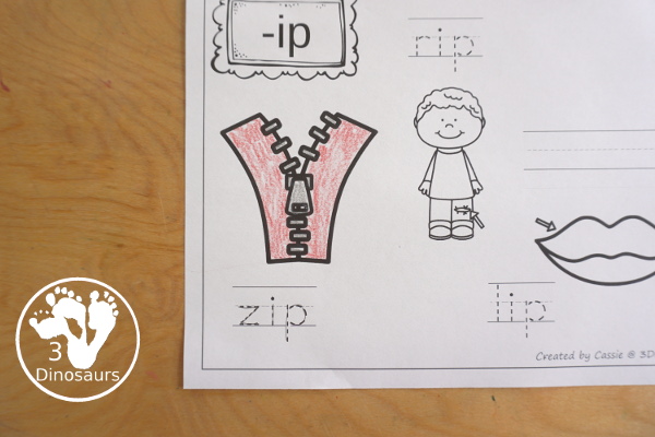 Free CVC Word Family Coloring Pages: Short I Vowel with  ig, in, ip, it   with tracing the words, coloring the pictures and draw their own short i word for the short i vowels plus ending - 3Dinosaurs.com