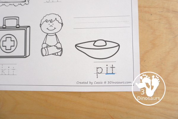 Free CVC Word Family Coloring Pages: Short I Vowel with  ig, in, ip, it   with tracing the words, coloring the pictures and draw their own short i word for the short i vowels plus ending - 3Dinosaurs.com