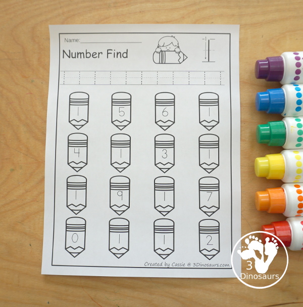 Pencil Number Find: Numbers 0 to 20 - you have numerical numbers and number words for kids to trace the number and then find the numbers on the pencils- 3Dinosaurs.com