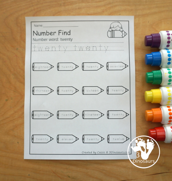Pencil Number Find: Numbers 0 to 20 - you have numerical numbers and number words for kids to trace the number and then find the numbers on the pencils- 3Dinosaurs.com