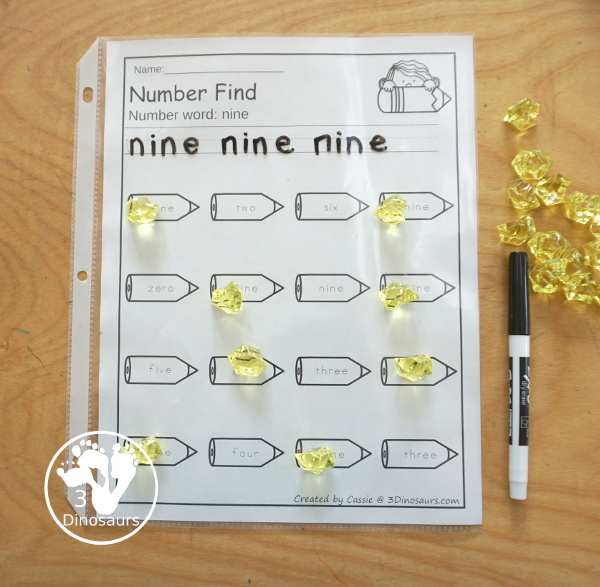 Pencil Number Find: Numbers 0 to 20 - you have numerical numbers and number words for kids to trace the number and then find the numbers on the pencils- 3Dinosaurs.com