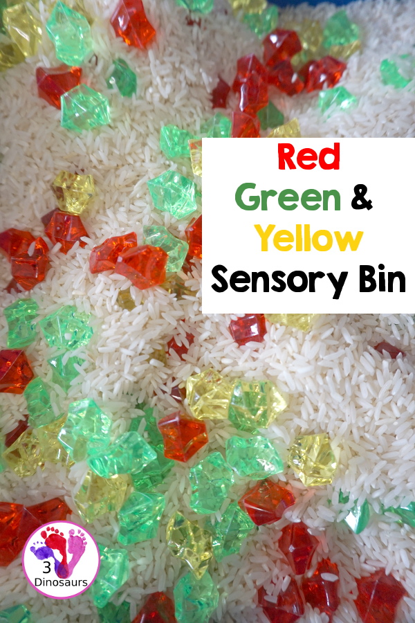 Red, Green and Yellow Sensory Bin - a simple rice and acrylic rock sensory bin with the colors of apples red, green and yellow. A simple time to setup and use. - 3Dinosaurs.com