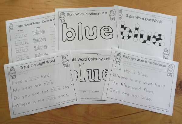 Free Romping & Roaring Preprimer Sight Words Packs Set 2: Blue, Can, Come, Down - 6 pages of activities for each preprimer sight words: a, and, away, big. These are great for easy to use learning centers - 3Dinosaurs.com