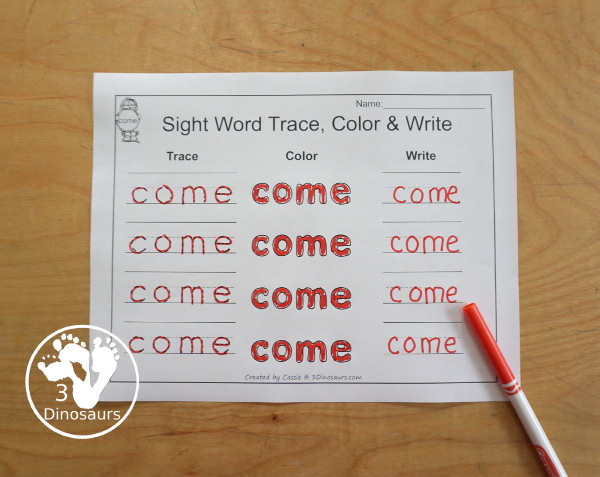 Free Romping & Roaring Preprimer Sight Words Packs Set 2: Blue, Can, Come, Down - 6 pages of activities for each preprimer sight words: a, and, away, big. These are great for easy to use learning centers - 3Dinosaurs.com