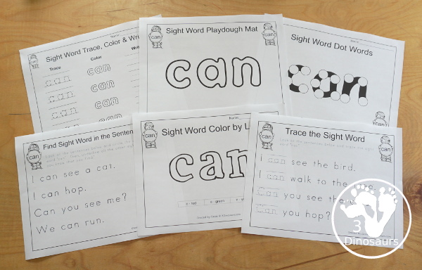 Free Romping & Roaring Preprimer Sight Words Packs Set 2: Blue, Can, Come, Down - 6 pages of activities for each preprimer sight words: a, and, away, big. These are great for easy to use learning centers - 3Dinosaurs.com