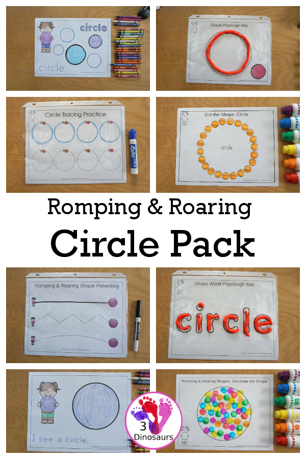 Free Romping & Roaring Circle Pack - a free 10 page shape pack for kids to use to learn their shape with tracing, coloring, dot markers and more. - 3Dinosaurs.com