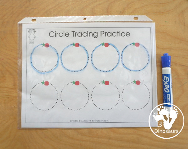 Free Romping & Roaring Circle Pack - a free 10 page shape pack for kids to use to learn their shape with tracing, coloring, dot markers and more. - 3Dinosaurs.com