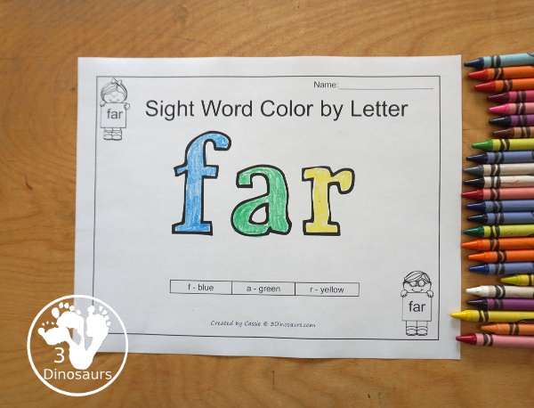 Romping & Roaring Third Grade Sight Words - 10 pages of activities for each all 41 third grade sight words for easy to use learning to read centers. You have the following pages sight word playdough mats, sight word dot marker words, sight word trace color and write, sight word color by letter, sight word find in the sentence, sight word trace in the sentence, sight word word find, sight word review sheet, sight word trace stamp and write, and sight word maze. Plus extra to use with the sight words - 3Dinosaurs.com