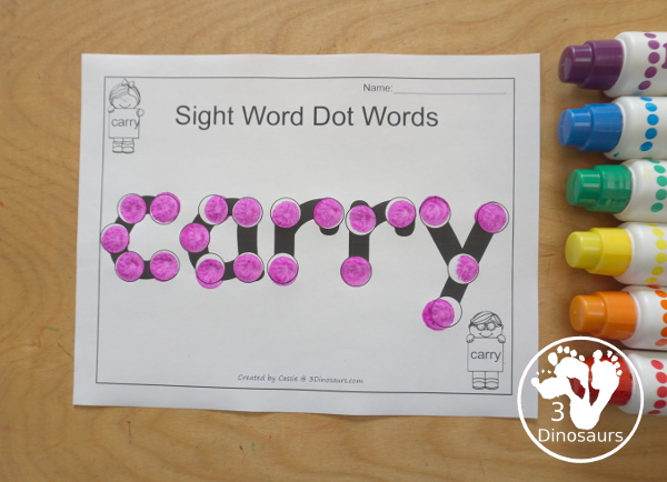 Romping & Roaring Third Grade Sight Words - 10 pages of activities for each all 41 third grade sight words for easy to use learning to read centers. You have the following pages sight word playdough mats, sight word dot marker words, sight word trace color and write, sight word color by letter, sight word find in the sentence, sight word trace in the sentence, sight word word find, sight word review sheet, sight word trace stamp and write, and sight word maze. Plus extra to use with the sight words - 3Dinosaurs.com