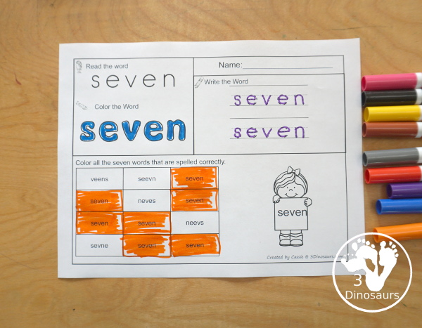 Romping & Roaring Third Grade Sight Words - 10 pages of activities for each all 41 third grade sight words for easy to use learning to read centers. You have the following pages sight word playdough mats, sight word dot marker words, sight word trace color and write, sight word color by letter, sight word find in the sentence, sight word trace in the sentence, sight word word find, sight word review sheet, sight word trace stamp and write, and sight word maze. Plus extra to use with the sight words - 3Dinosaurs.com