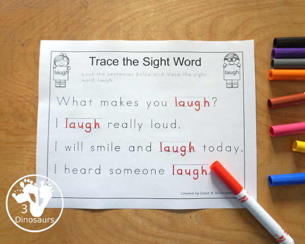 Romping & Roaring Third Grade Sight Words - 10 pages of activities for each all 41 third grade sight words for easy to use learning to read centers. You have the following pages sight word playdough mats, sight word dot marker words, sight word trace color and write, sight word color by letter, sight word find in the sentence, sight word trace in the sentence, sight word word find, sight word review sheet, sight word trace stamp and write, and sight word maze. Plus extra to use with the sight words - 3Dinosaurs.com