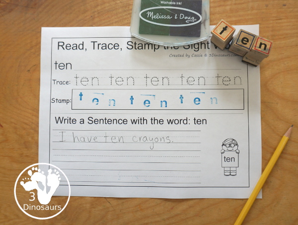 Romping & Roaring Third Grade Sight Words - 10 pages of activities for each all 41 third grade sight words for easy to use learning to read centers. You have the following pages sight word playdough mats, sight word dot marker words, sight word trace color and write, sight word color by letter, sight word find in the sentence, sight word trace in the sentence, sight word word find, sight word review sheet, sight word trace stamp and write, and sight word maze. Plus extra to use with the sight words - 3Dinosaurs.com