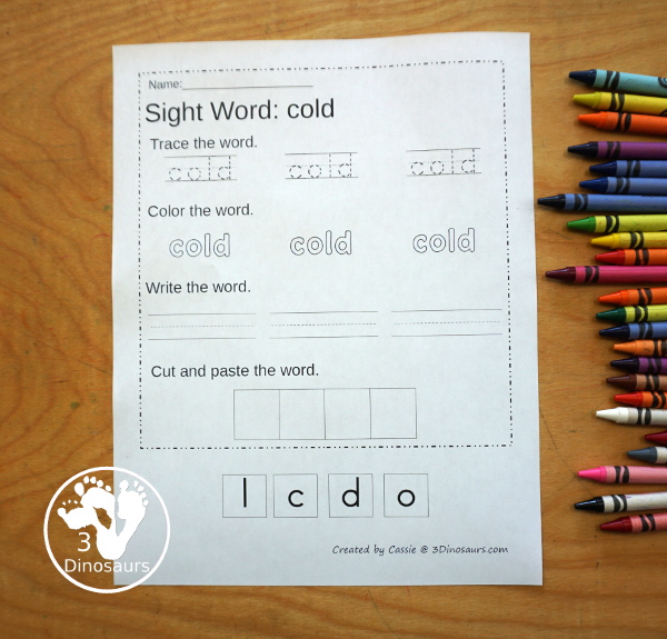 Free Second Grade Sight Word Trace, Color, Write, Cut & Paste Printable - all 46 second grade sight words with 3 sight word tracing, 3 sight word coloring, 3 sight word writing, and cut and paste - 3Dinosaurs.com