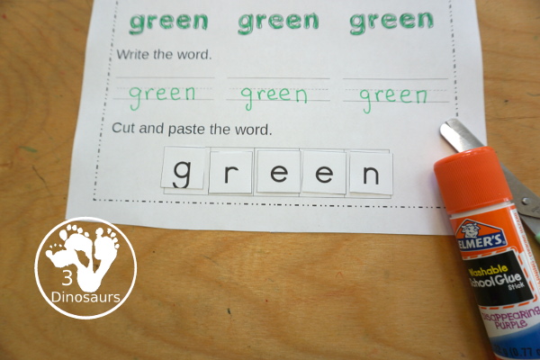 Free Second Grade Sight Word Trace, Color, Write, Cut & Paste Printable - all 46 second grade sight words with 3 sight word tracing, 3 sight word coloring, 3 sight word writing, and cut and paste - 3Dinosaurs.com