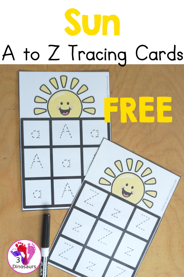 Free Sun ABC Tracing Cards with a 3 by 3 tracing rows of uppercase and lowercase letters. A fun way to change up handwriting for kids. - 3Dinosaurs.com