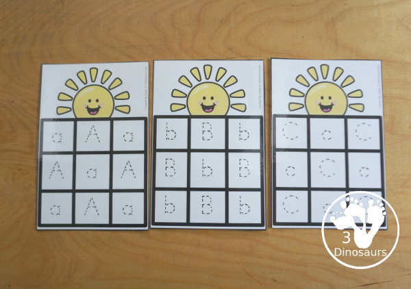 Free Sun ABC Tracing Cards with a 3 by 3 tracing rows of uppercase and lowercase letters. A fun way to change up handwriting for kids. - 3Dinosaurs.com