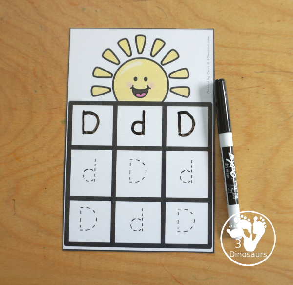 Free Sun ABC Tracing Cards with a 3 by 3 tracing rows of uppercase and lowercase letters. A fun way to change up handwriting for kids. - 3Dinosaurs.com