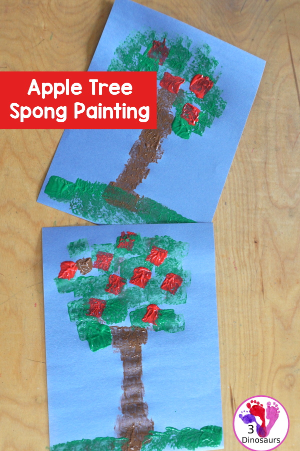 Sponge Painted Apple Tree - a fun and simple painting of an apple tree that kids can make. This is great for any apple theme for tot, prek, and kindergarten. - 3Dinosaurs.com