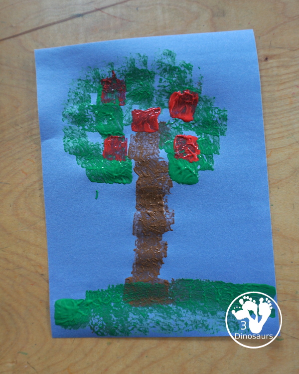 Sponge Painted Apple Tree - a fun and simple painting of an apple tree that kids can make. This is great for any apple theme for tot, prek and kindergarten. - 3Dinosaurs.com