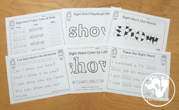 Free Romping & Roaring Third Grade Sight Words Packs Set 9: Show - 6 pages of activities for each third Grade sight word: show. These are great sight word printables for learning centers - 3Dinosaurs.com