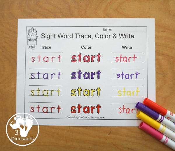 Free Romping & Roaring Third Grade Sight Words Packs Set 9: Show, Six, Small, Start - 6 pages of activities for each third Grade sight words: show, six, small, start. These are great sight word printables for learning centers - 3Dinosaurs.com