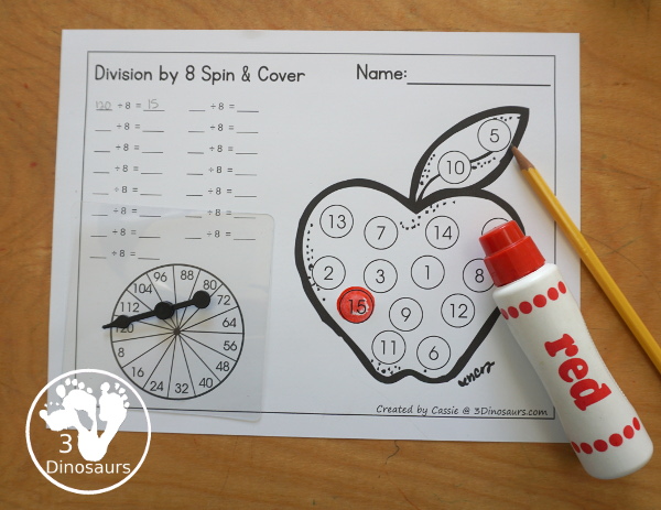Apple Division Spin & Cover has Division 1 to 12 and 1 to 15 with cover and solve and spinning and cover of equations for each set.- 3Dinosaurs.com