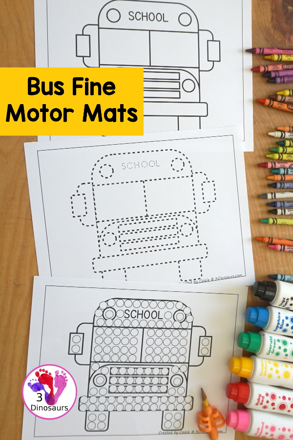 Free Bus Fine Motor Mats - You have 3 bus fine motor mats. You have a bus template, a bus tracing page and a bus q-tip page. All of these are great fine motor work for kids. And can be used the craft templates as well - 3Dinosaurs.com