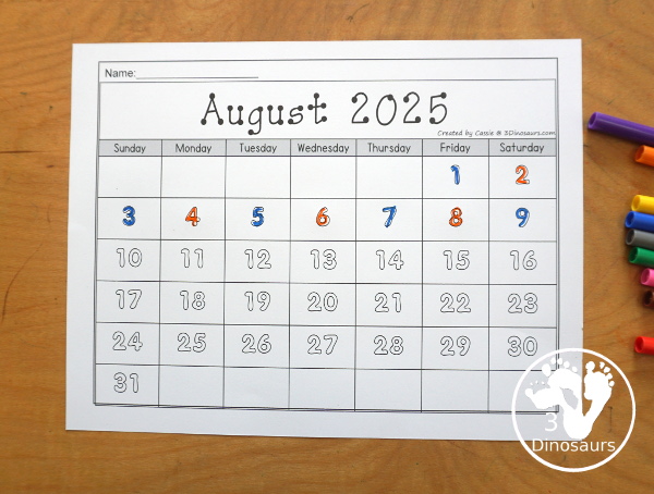 7 Non-Themed Calendars for August 2025 – July 2025 with tracing, dot the number, coloring, writing and tracing - 3Dinosaurs.com