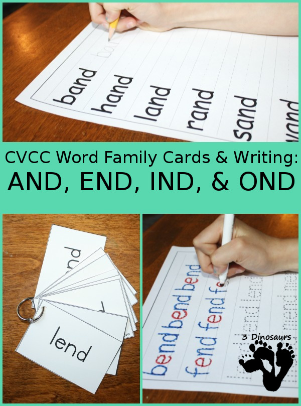 Free CVCC Word Family Cards & Writing - AND, END, IND, & OND - 3Dinosaurs.com