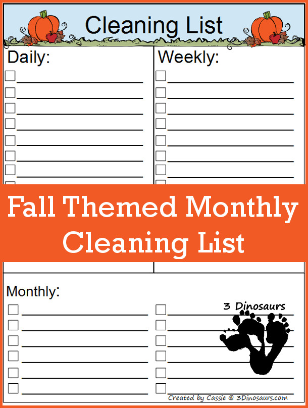October 2016 Monthly Goals With Free Fall Themed Monthly Cleaning List - 3Dinosaurs.com