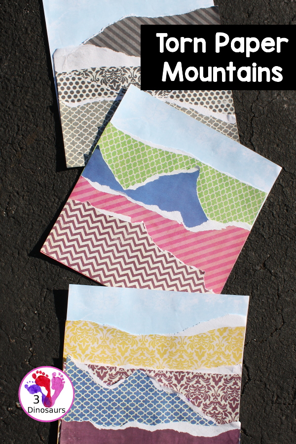 Torn Paper Mountain - easy to do torn papercraft that kids can do all year. A fun way to work on fine motor skills and do a craft project. 3Dinosaurs.com