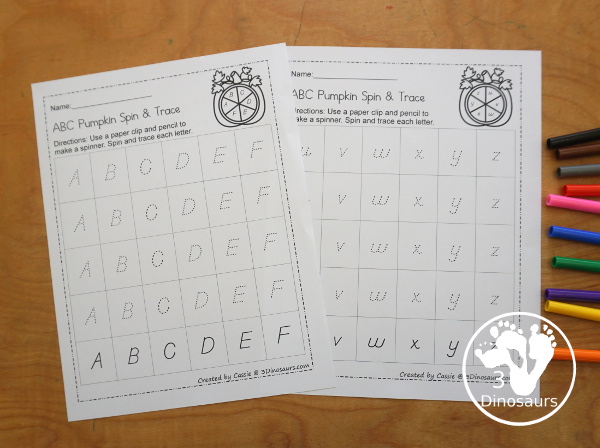 FREE ABC Pumpkin Spin & Trace uppercase or lowercase with 3 font options: print, cursive, D´Nealian style - You have uppercase and lowercase letter options - 3Dinosaurs.com