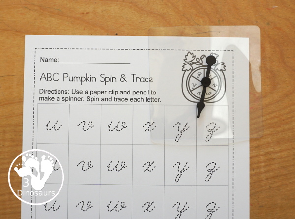 FREE ABC Pumpkin Spin & Trace uppercase or lowercase with 3 font options: print, cursive, D´Nealian style - You have uppercase and lowercase letter options - 3Dinosaurs.com