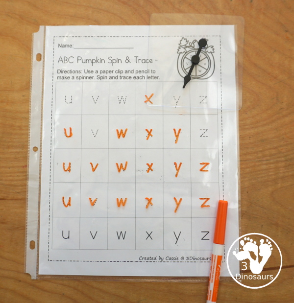 FREE ABC Pumpkin Spin & Trace uppercase or lowercase with 3 font options: print, cursive, D´Nealian style - You have uppercase and lowercase letter options - 3Dinosaurs.com