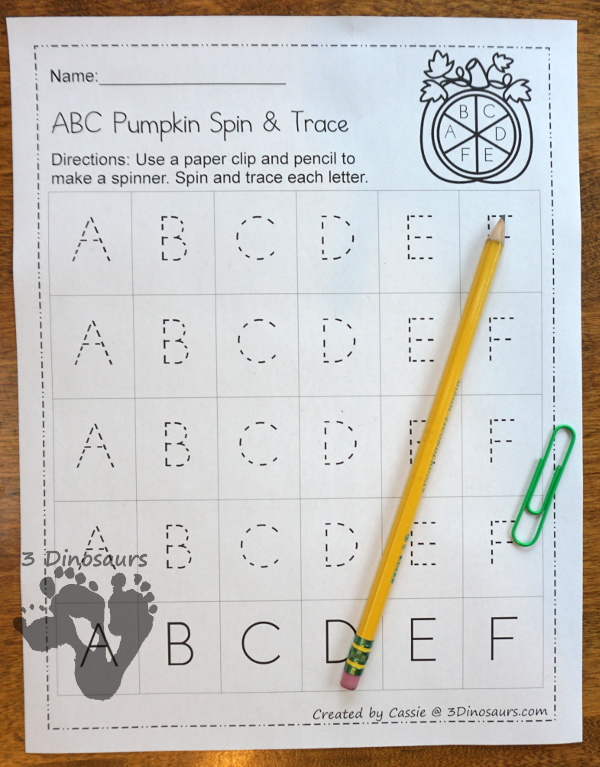 FREE ABC Pumpkin Spin & Trace uppercase or lowercase with 3 font options: print, cursive, D´Nealian style - You have uppercase and lowercase letter options - 3Dinosaurs.com