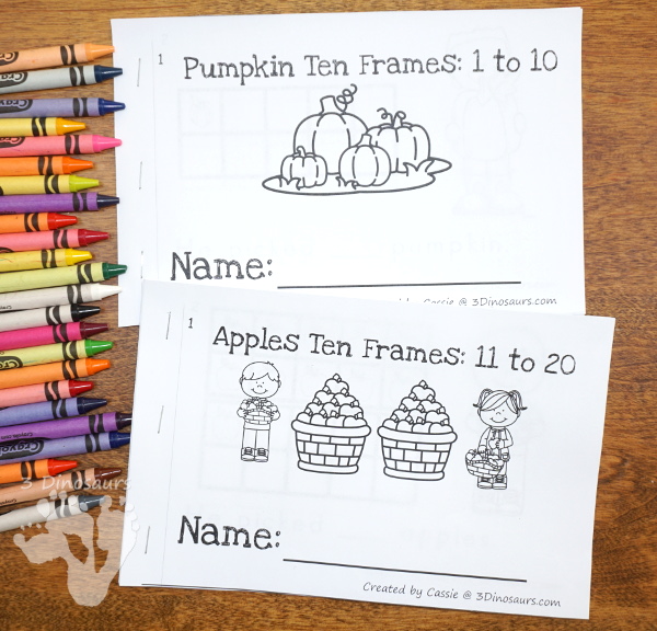 Pumpkin and Apple Themed Ten Frame Printables: No-Prep & Hands-On - 168 pages of printables working on ten frame activities for numbers 1 to 20 with hands-on and no-prep: cards, worksheets and easy reader books. - 3Dinosaurs.com