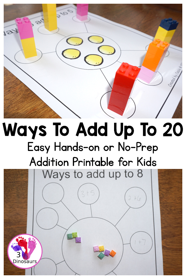 FREE Fun And Easy To Use: Ways To Add Up To 20 Printable - 2 types of addition printable. You have circle to match all the different equations you can write for each number - with gumballs to use in the center or without gumballs for use with hands-on items - 3Dinosaurs.com