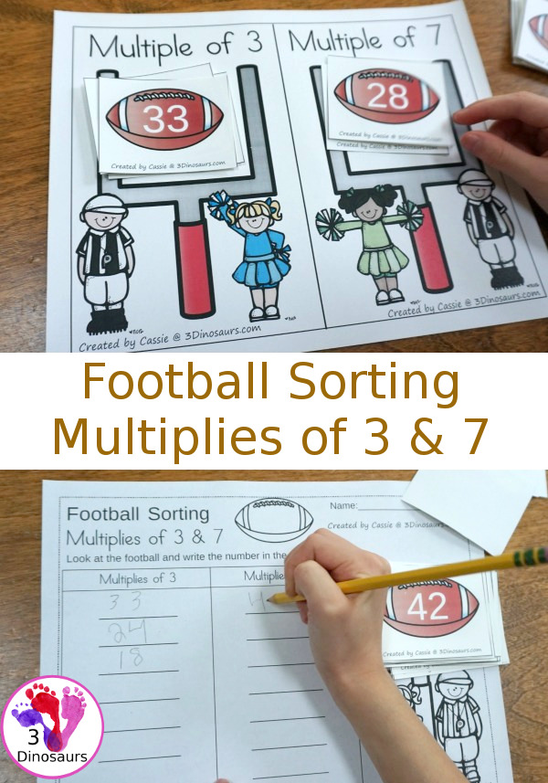 Free Football Sorting Multiplies of 3 & 7 - 2 sets of cards, a sorting mat and two recording worksheets - 3Dinosaurs.com