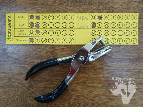 Free Homework Punch Bookmark Cards - 8 subject cards with 4 set 4 spaces to write in the subjects - 3Dinosaurs.com