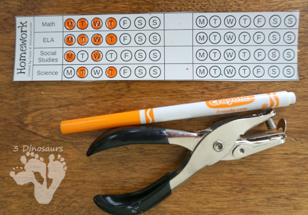 Free Homework Punch Bookmark Cards - 8 subject cards with 4 set 4 spaces to write in the subjects - 3Dinosaurs.com