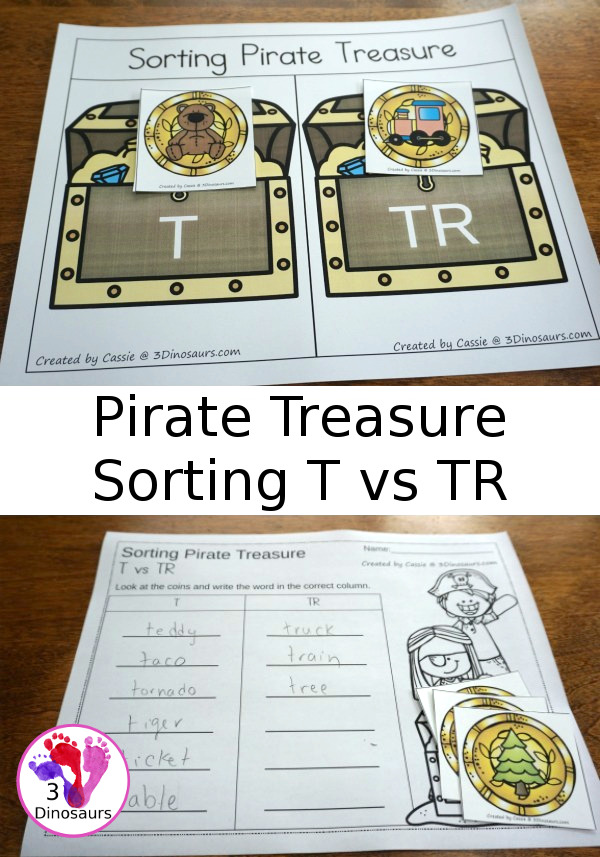 Free Hands-On Learning With Pirate Treasure Sorting T vs TR - - 6 coins for each type with sorting mat and recording sheet  - 3Dinosaurs.com #freeprintable #blends #pirateprintables #kindergarten #firstgrade