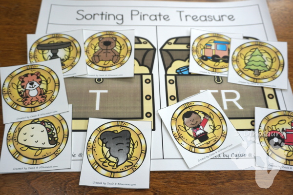 Free Hands-On Learning With Pirate Treasure Sorting T vs TR - - 6 coins for each type with sorting mat and recording sheet - 3Dinosaurs.com #freeprintable #blends #pirateprintables #kindergarten #firstgrade