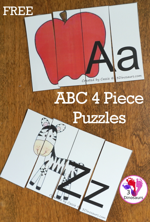 Free ABC 4 Piece Puzzles for the Whole Alphabet - 26 puzzles with uppercase and lowercase letters - 3Dinosaurs.com