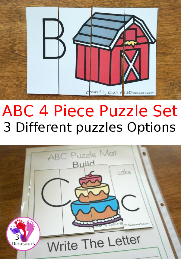 ABC 4 Piece Puzzles Set for all the letters of the alphabet - 3 puzzles options with uppercase only, lowercase only and uppercase and lowercase together - 3Dinosaurs.com