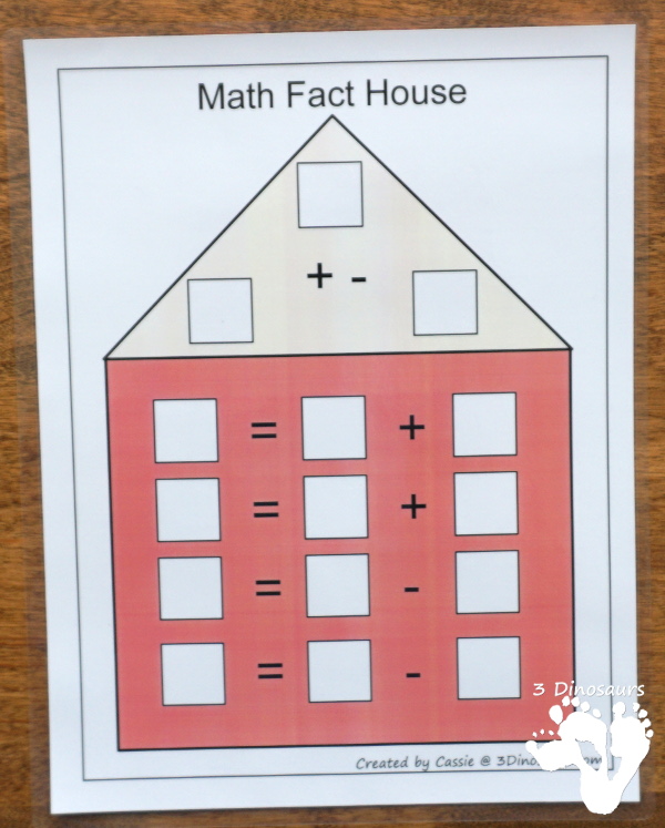 Free Math Fact House Addition & Subtraction - 8 houses with equations in two directions to help those that needs to see the equal sign on either side - 3Dinosaurs.com